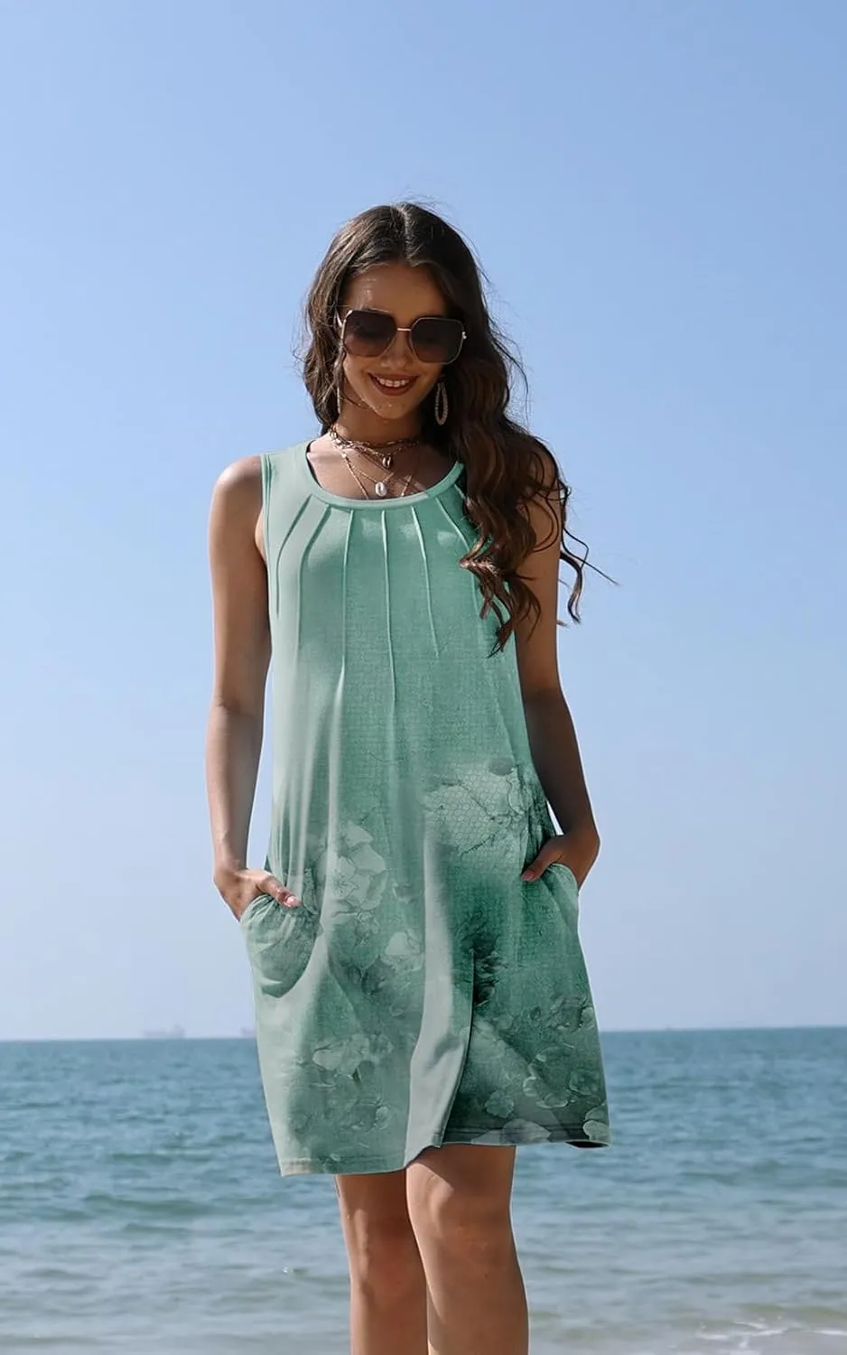 Summer Beach Dresses for Women 2025 Casual Sleeveless Floral Print Pleated Sundress Cover Ups Fashion Maxi Dress