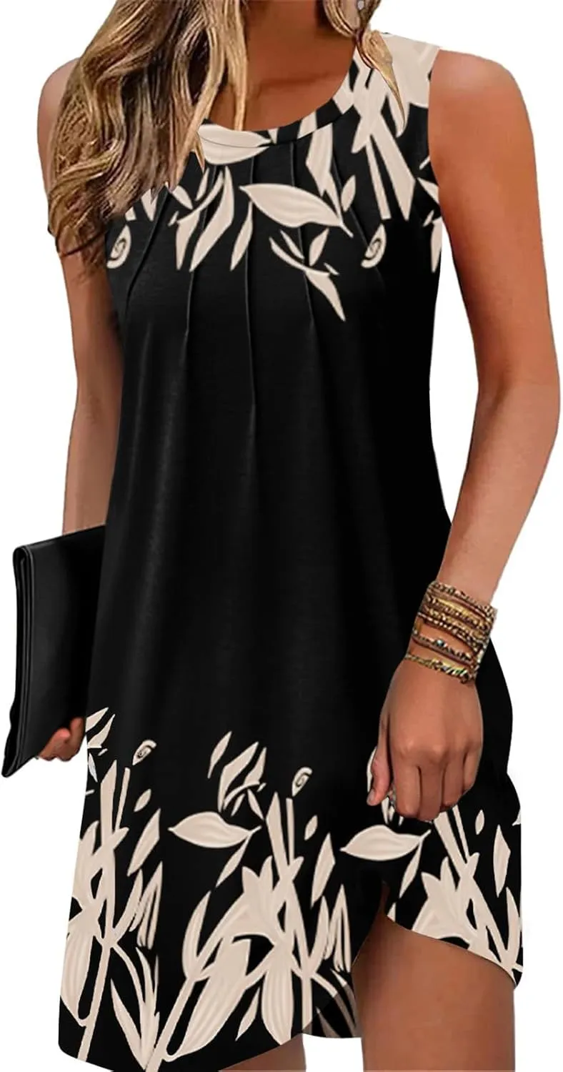 Summer Beach Dresses for Women 2025 Casual Sleeveless Floral Print Pleated Sundress Cover Ups Fashion Maxi DressFlower LeafLarge