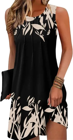 Summer Beach Dresses for Women 2025 Casual Sleeveless Floral Print Pleated Sundress Cover Ups Fashion Maxi DressFlower LeafLarge