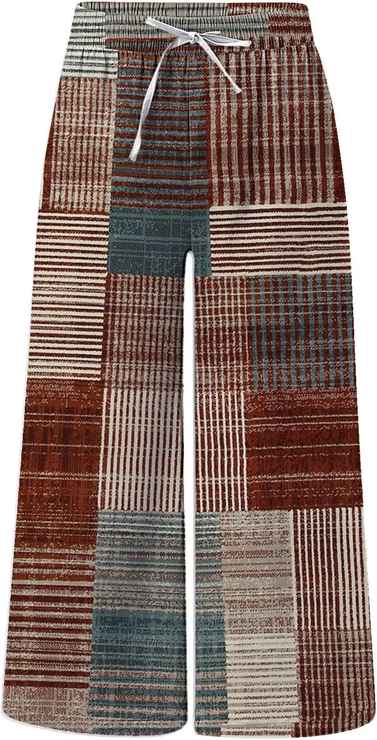 Summer Casual Pants Men Baggy Wide Leg Elastic Waist Stripe Patchwork Pant Stylish Contrast Boho Beach Trouser Pocket