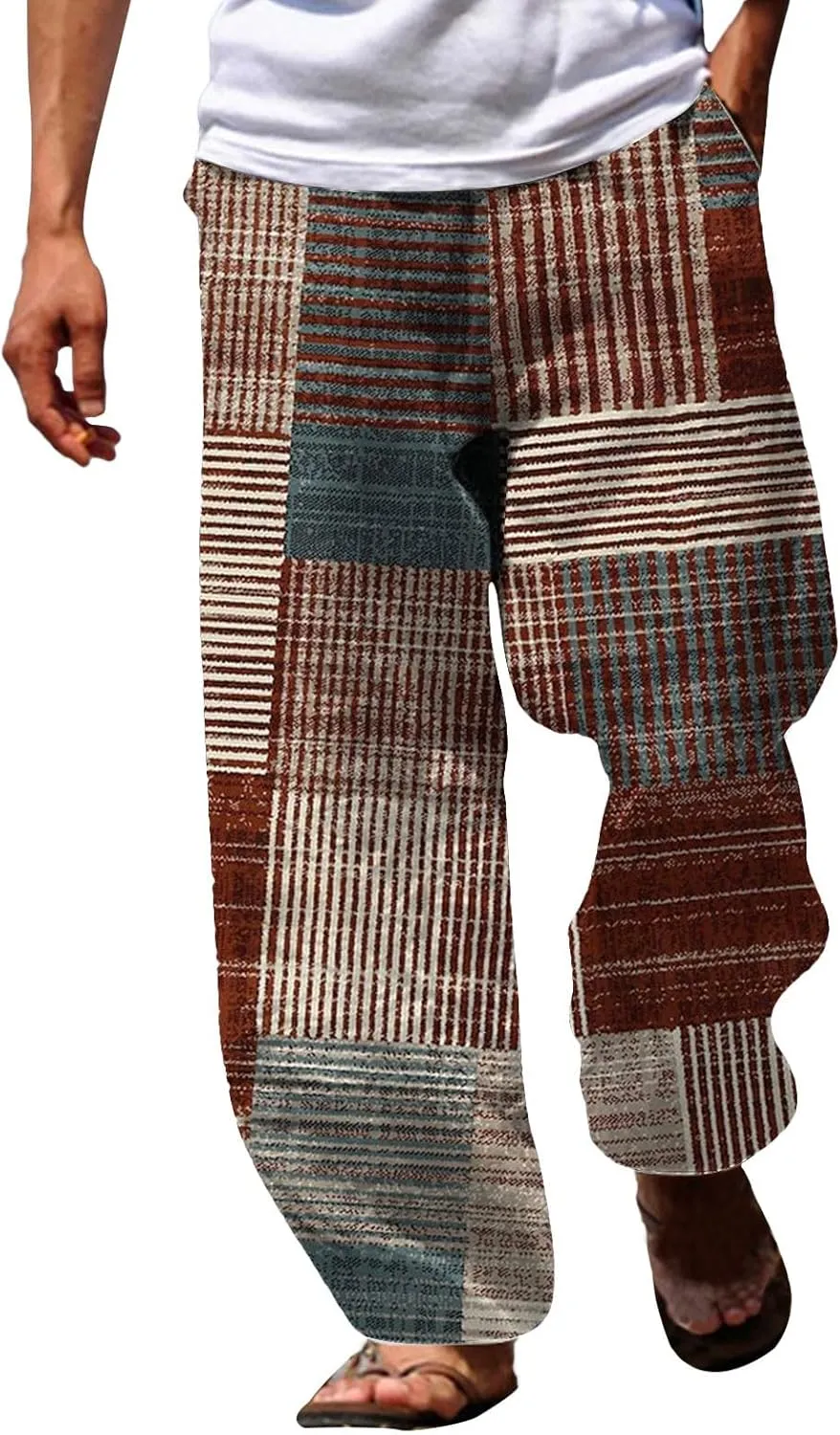 Summer Casual Pants Men Baggy Wide Leg Elastic Waist Stripe Patchwork Pant Stylish Contrast Boho Beach Trouser Pocket