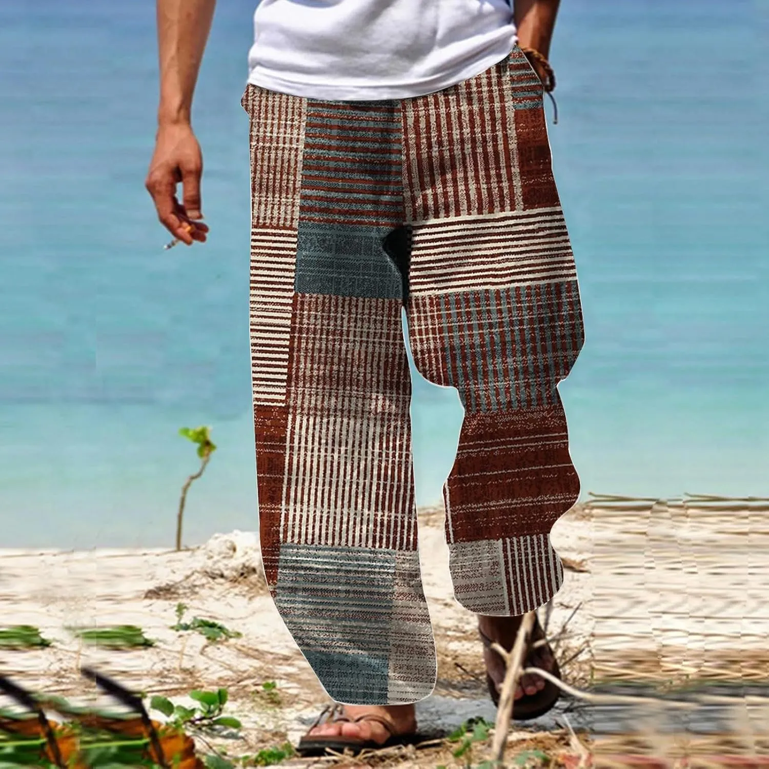 Summer Casual Pants Men Baggy Wide Leg Elastic Waist Stripe Patchwork Pant Stylish Contrast Boho Beach Trouser Pocket