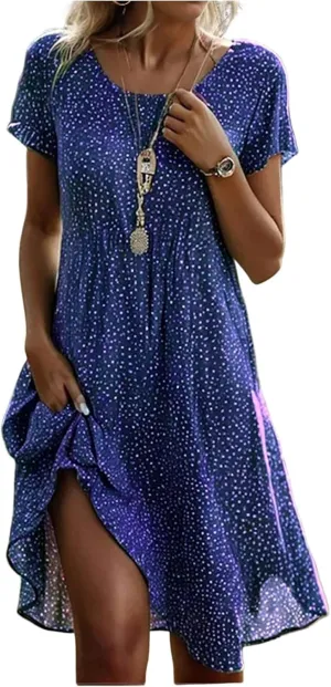Summer Dresses for Women 2025 Loose Crewneck Short Sleeve Casual T Shirt Dress Flowy Sundresses Swimsuit Coverup