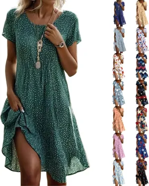 Summer Dresses for Women 2025 Loose Crewneck Short Sleeve Casual T Shirt Dress Flowy Sundresses Swimsuit Coverup