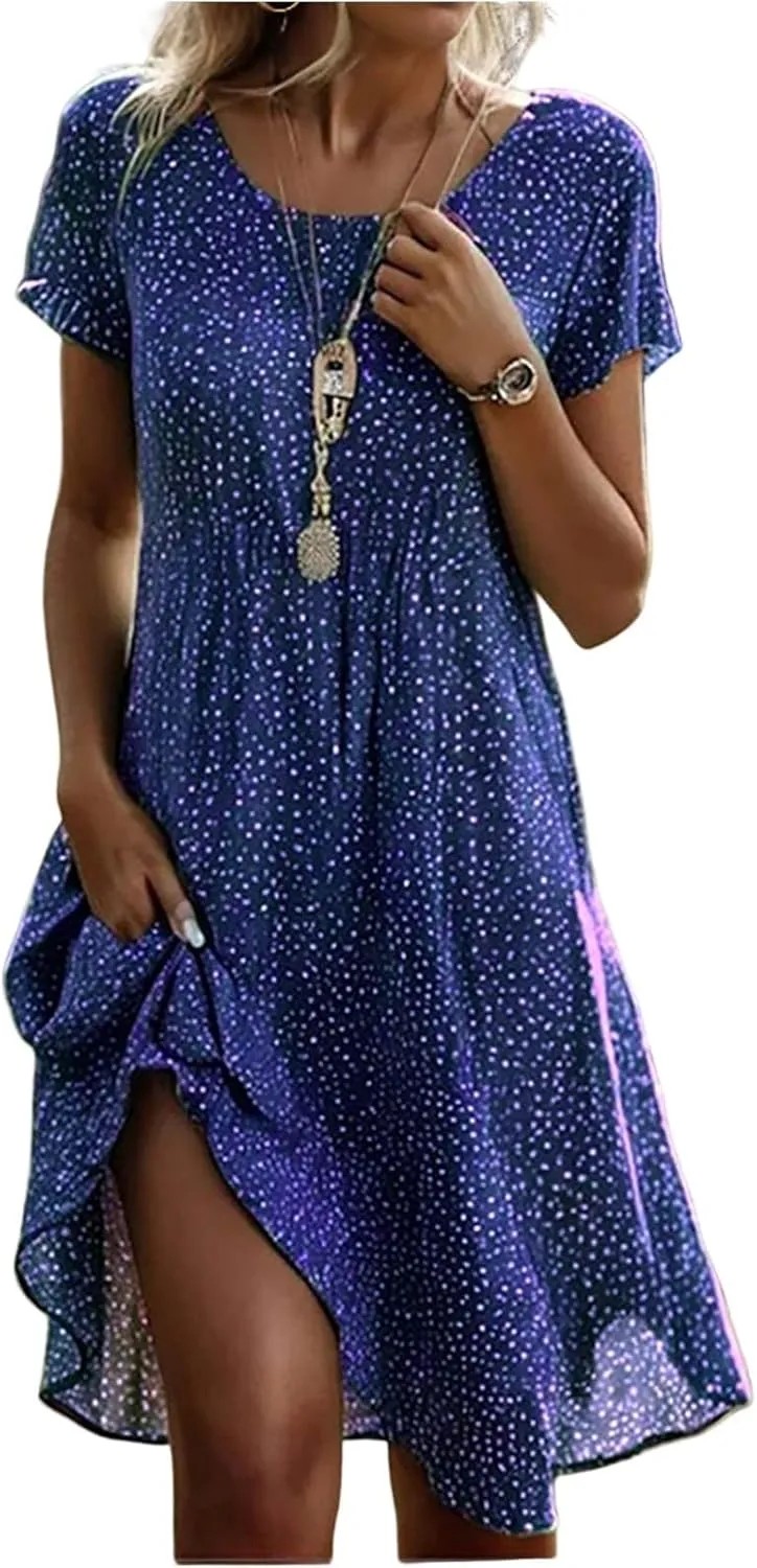 Summer Dresses for Women 2025 Loose Crewneck Short Sleeve Casual T Shirt Dress Flowy Sundresses Swimsuit Coverup