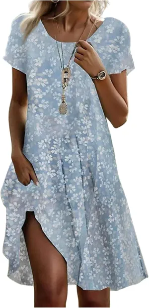 Summer Dresses for Women 2025 Loose Crewneck Short Sleeve Casual T Shirt Dress Flowy Sundresses Swimsuit Coverup