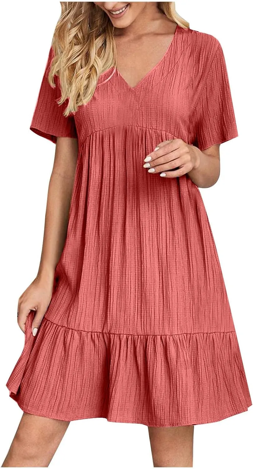 Summer Dresses for Women Trendy Short Sleeve Pleated Midi Dress Casual Flowy V Neck Elegant Beach Sundresses