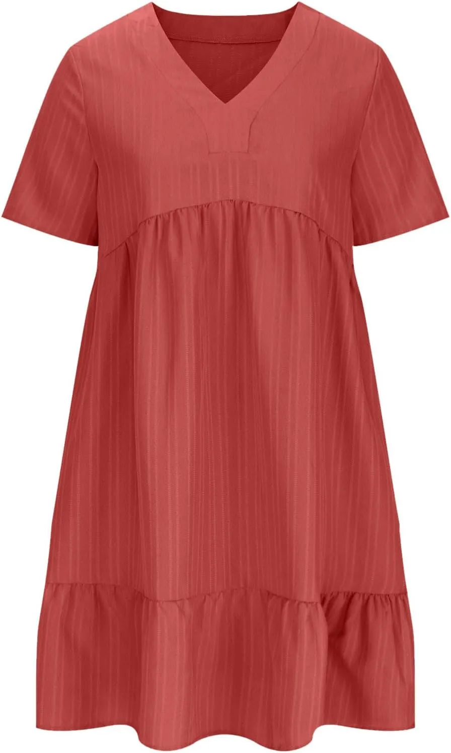 Summer Dresses for Women Trendy Short Sleeve Pleated Midi Dress Casual Flowy V Neck Elegant Beach Sundresses