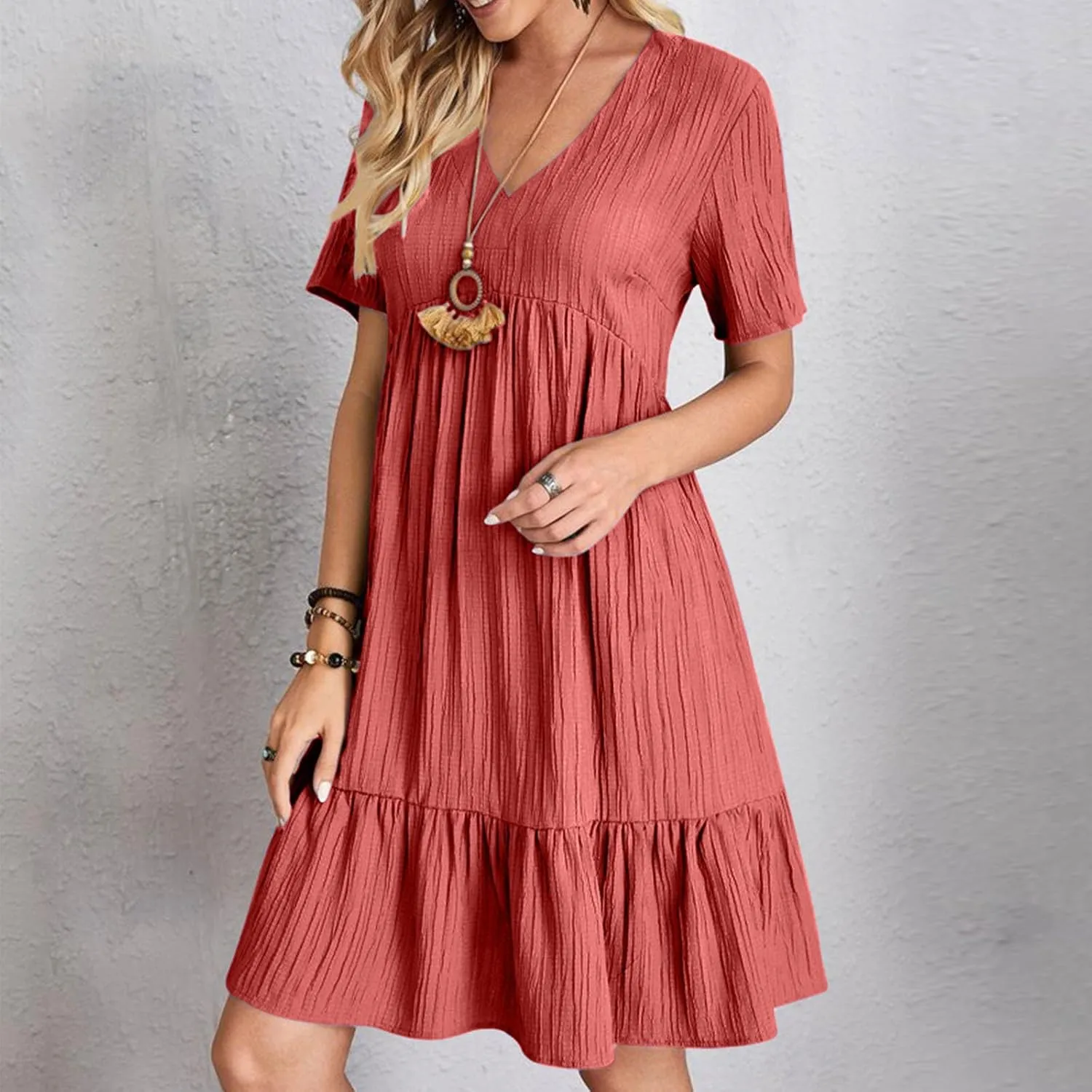 Summer Dresses for Women Trendy Short Sleeve Pleated Midi Dress Casual Flowy V Neck Elegant Beach Sundresses