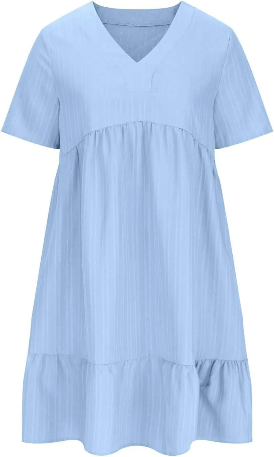 Summer Dresses for Women Trendy Short Sleeve Pleated Midi Dress Casual Flowy V Neck Elegant Beach Sundresses