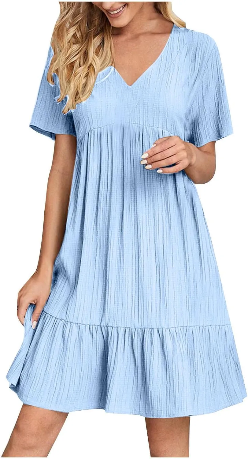 Summer Dresses for Women Trendy Short Sleeve Pleated Midi Dress Casual Flowy V Neck Elegant Beach Sundresses