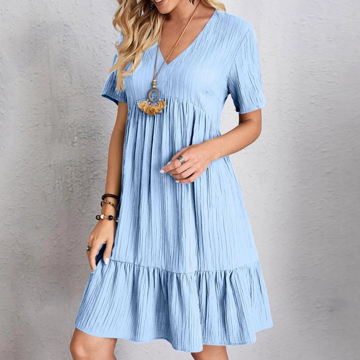 Summer Dresses for Women Trendy Short Sleeve Pleated Midi Dress Casual Flowy V Neck Elegant Beach Sundresses