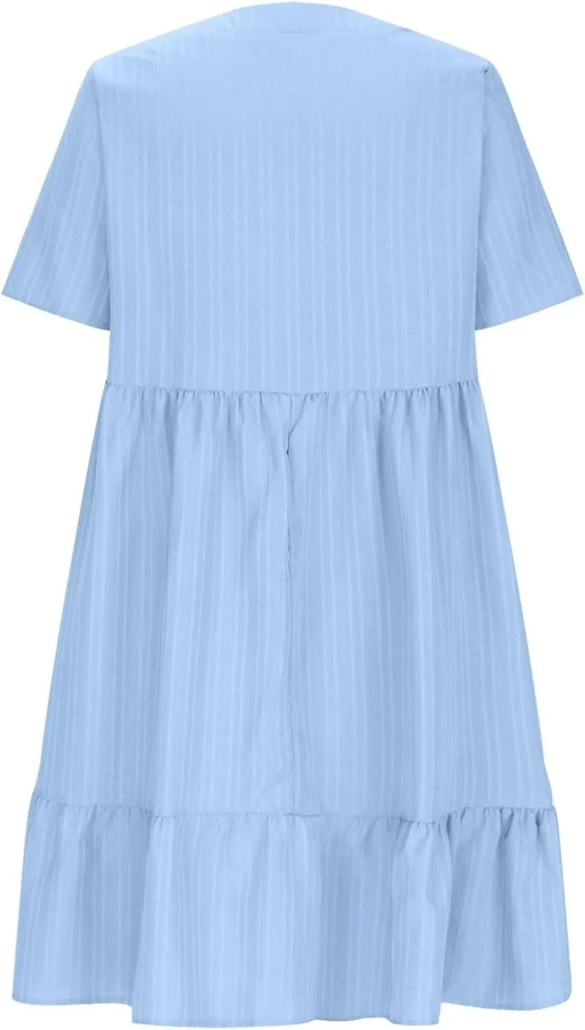 Summer Dresses for Women Trendy Short Sleeve Pleated Midi Dress Casual Flowy V Neck Elegant Beach Sundresses