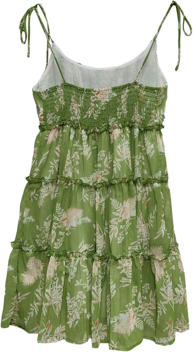 Summer Floral Boho Dresses for Women Spaghetti Straps Beach Ruffle Sexy Mini Dress