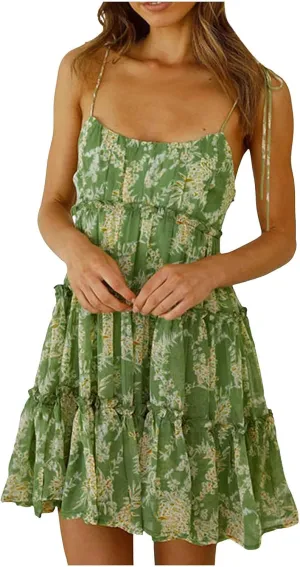 Summer Floral Boho Dresses for Women Spaghetti Straps Beach Ruffle Sexy Mini Dress