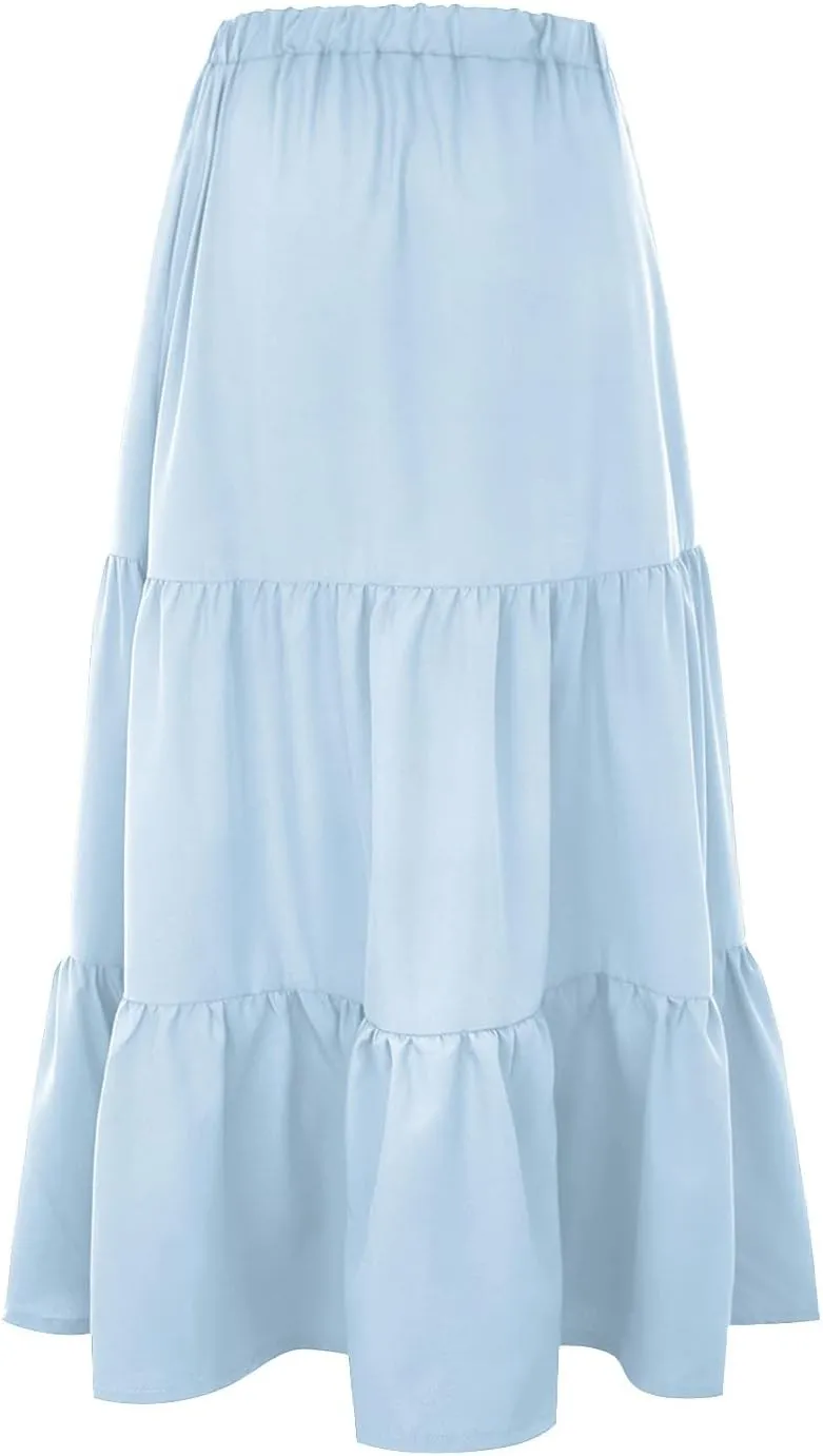 Summer Girls Skirt Ruffle Beach Dress Boho Pleated Swing with Pockets Elastic High Waist Skirts for Women 2023 Robe