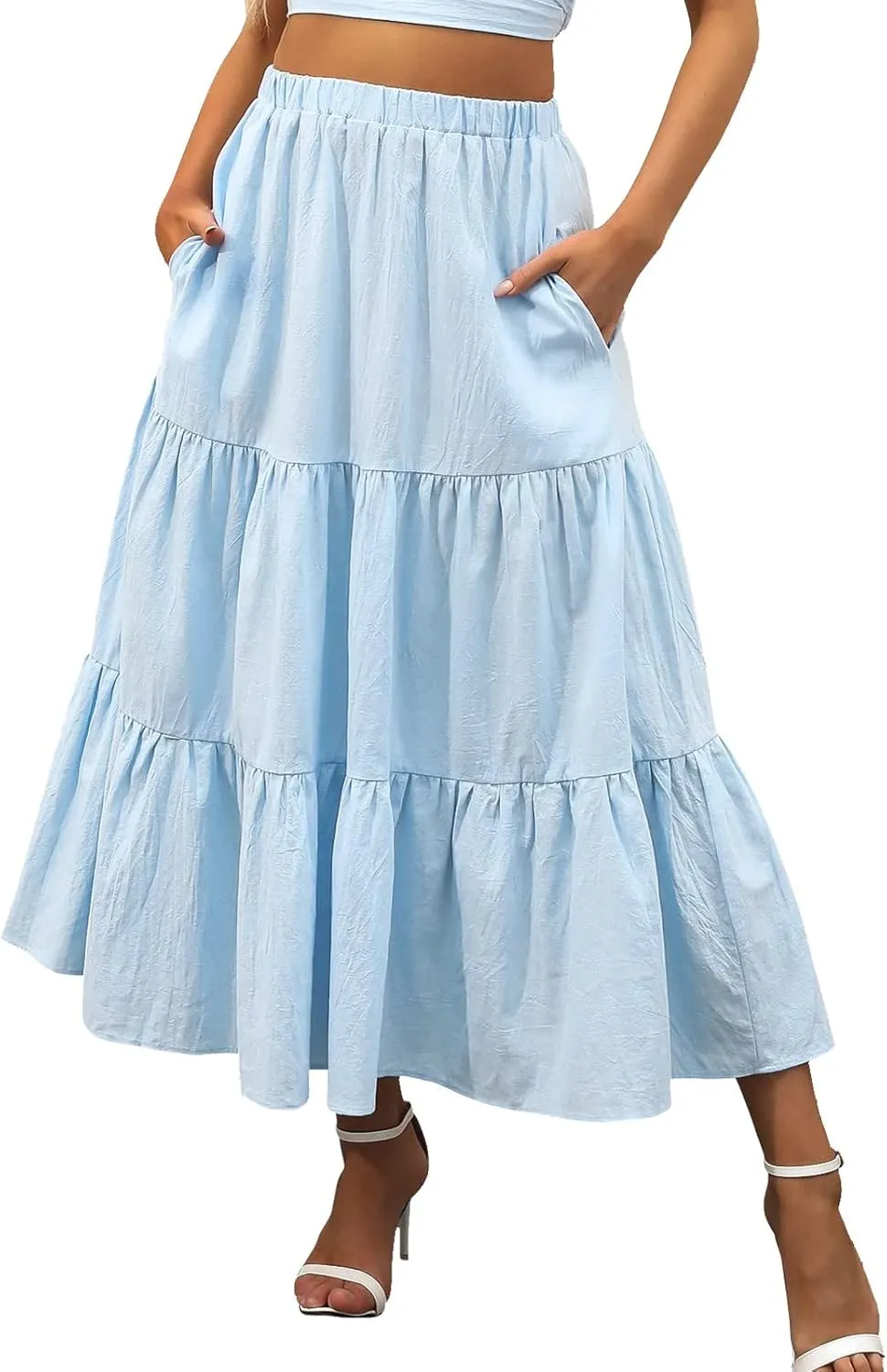 Summer Girls Skirt Ruffle Beach Dress Boho Pleated Swing with Pockets Elastic High Waist Skirts for Women 2023 Robe