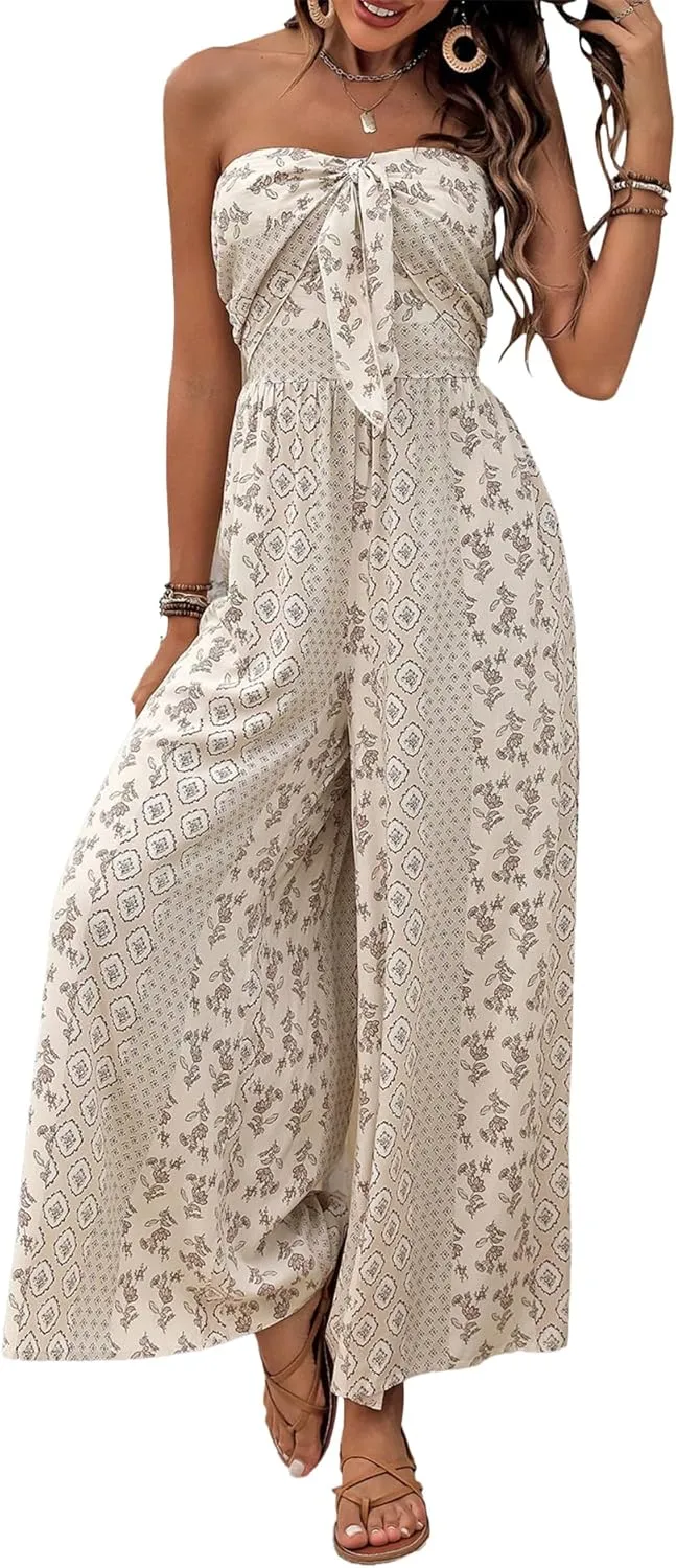 Summer High Waist Wide Leg One Piece Jumpsuits Women's Off Shoulder Dressy Romper Casual Smocked Tie Knot Outfits