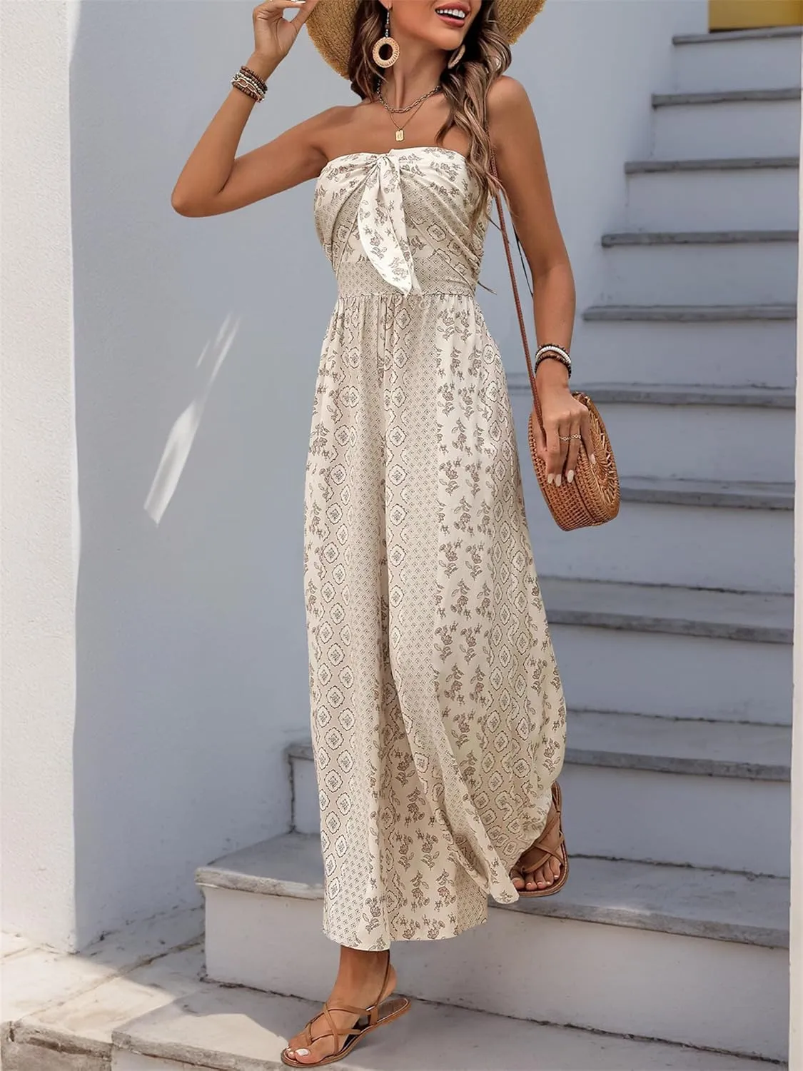Summer High Waist Wide Leg One Piece Jumpsuits Women's Off Shoulder Dressy Romper Casual Smocked Tie Knot Outfits