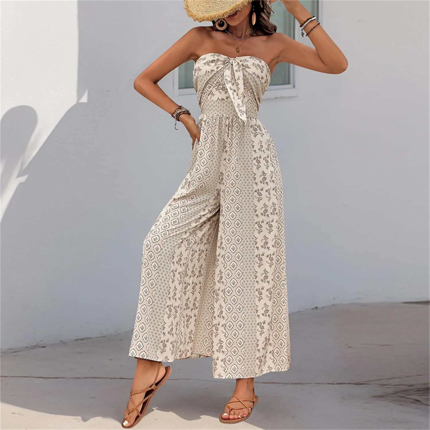 Summer High Waist Wide Leg One Piece Jumpsuits Women's Off Shoulder Dressy Romper Casual Smocked Tie Knot Outfits