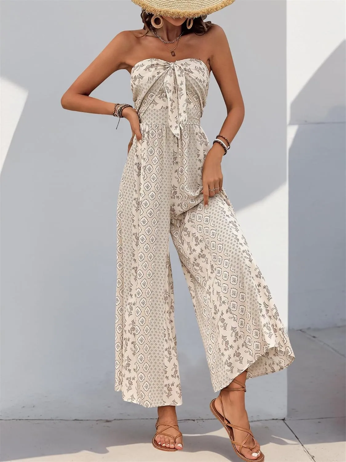 Summer High Waist Wide Leg One Piece Jumpsuits Women's Off Shoulder Dressy Romper Casual Smocked Tie Knot Outfits