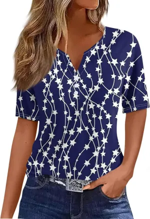 Summer Tops for Women 2024 4th of July Short Sleeve Henley Shirts for Women Button Down Casual American Flag Tops