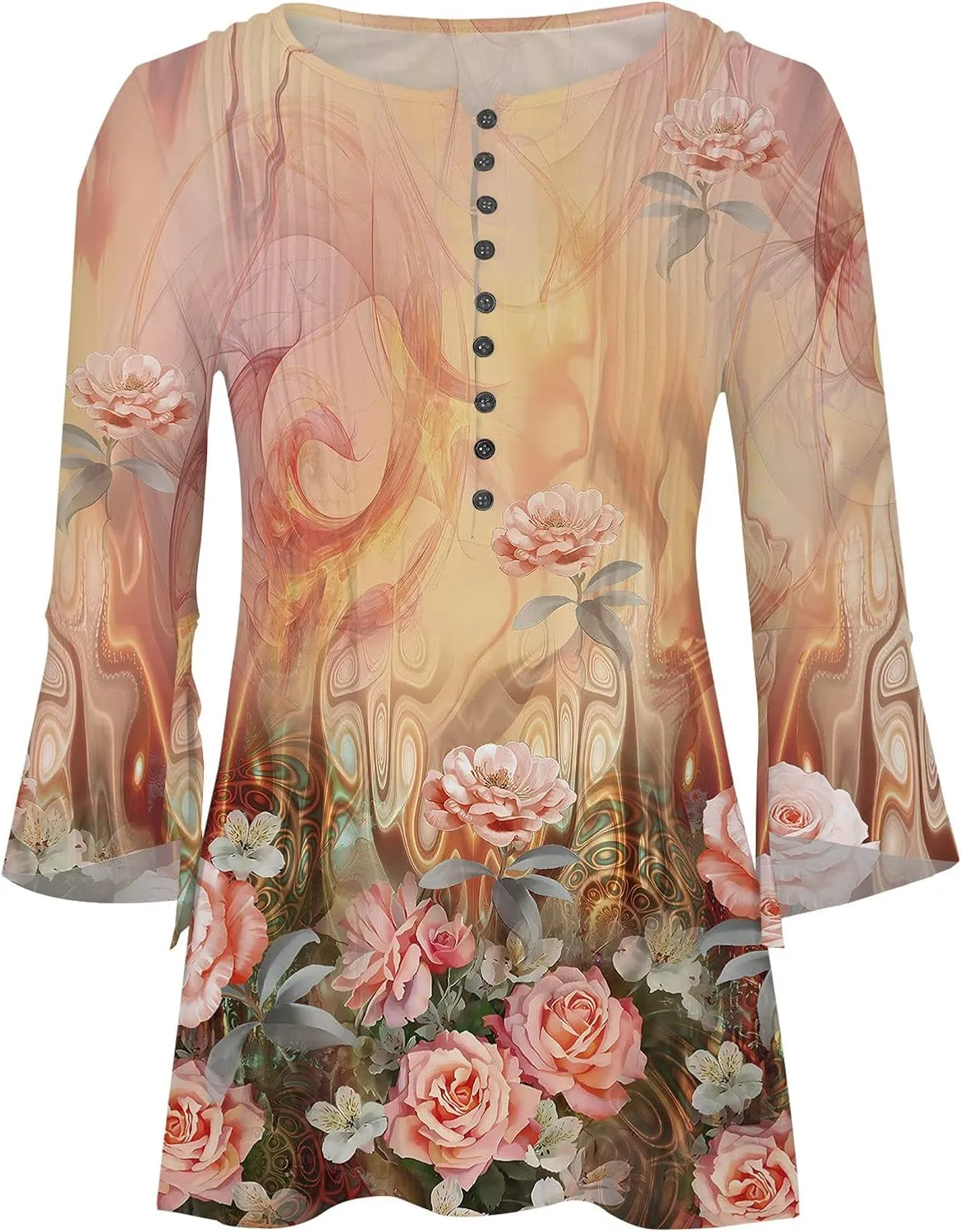 Summer Tops for Women 2024 Trendy Boho Floral Print Tunic Shirts 3/4 Bell Sleeve Button v Neck Tshirt Casual Loose Blouse