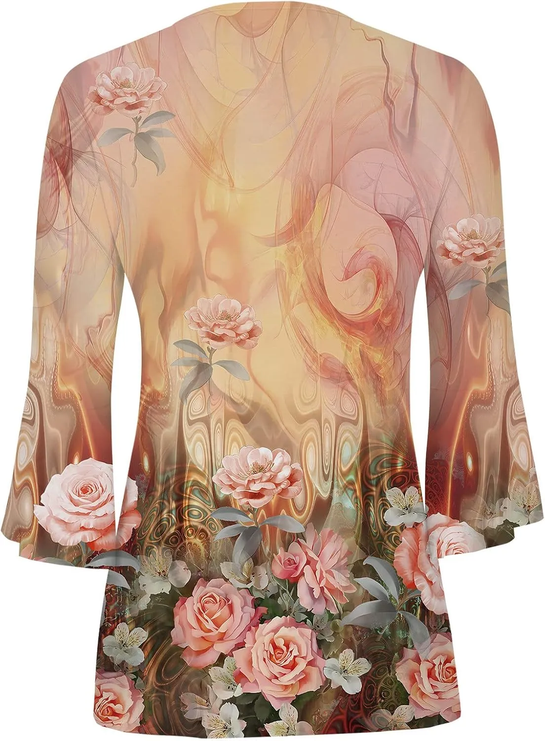 Summer Tops for Women 2024 Trendy Boho Floral Print Tunic Shirts 3/4 Bell Sleeve Button v Neck Tshirt Casual Loose Blouse