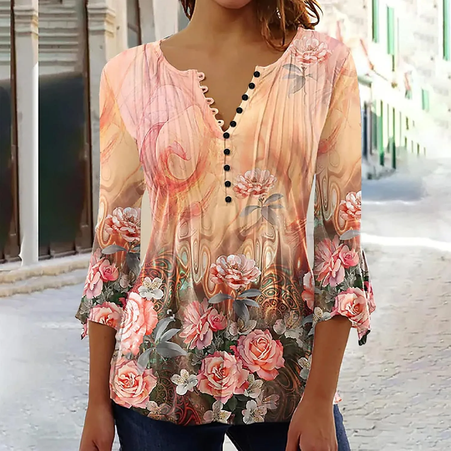 Summer Tops for Women 2024 Trendy Boho Floral Print Tunic Shirts 3/4 Bell Sleeve Button v Neck Tshirt Casual Loose Blouse