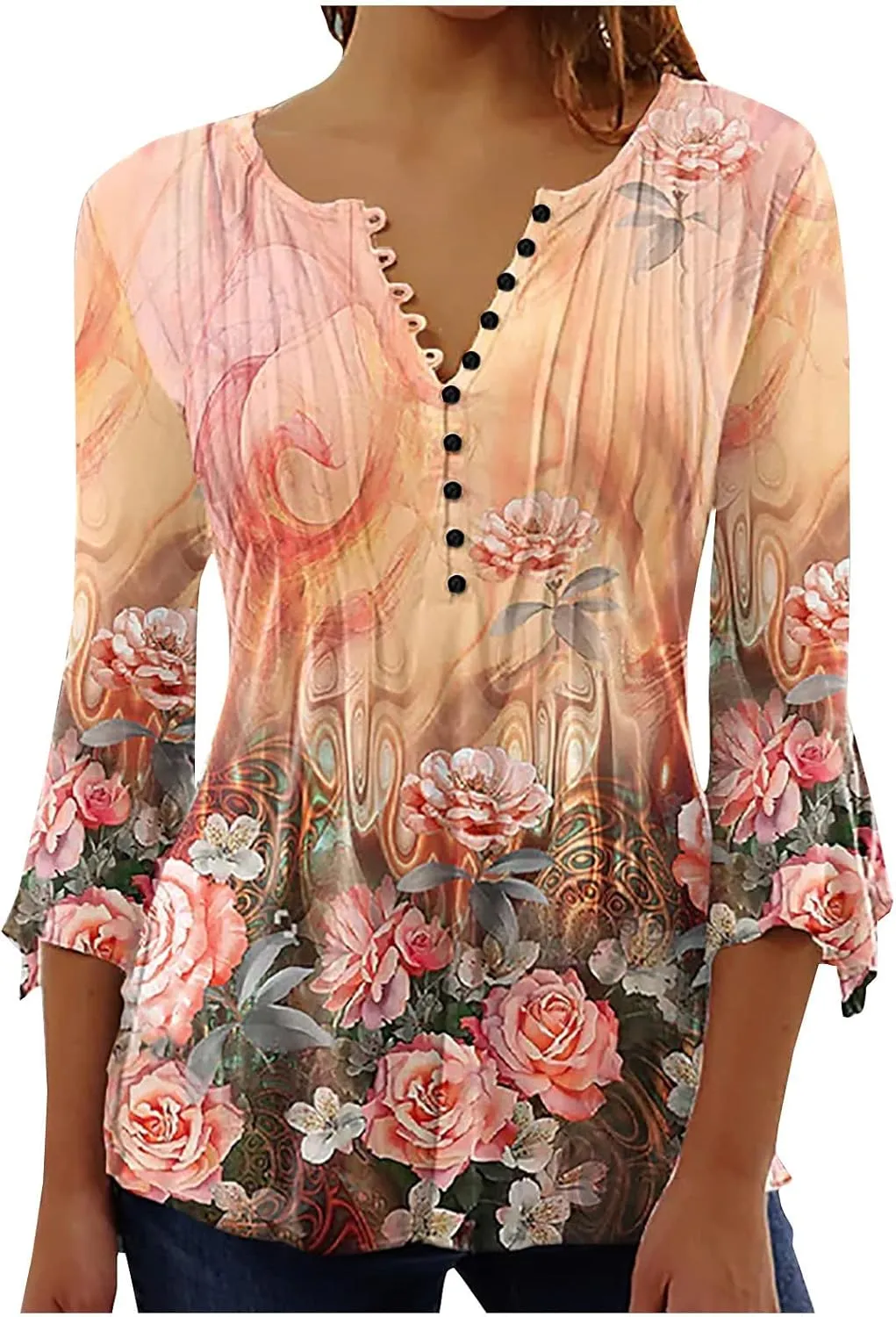 Summer Tops for Women 2024 Trendy Boho Floral Print Tunic Shirts 3/4 Bell Sleeve Button v Neck Tshirt Casual Loose Blouse