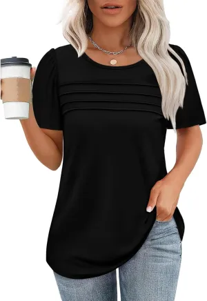 Summer Tops for Women 2025 Trendy Dressy Casual Elegant Front Pleated T Shirts Short Sleeve O Neck Office Blouses