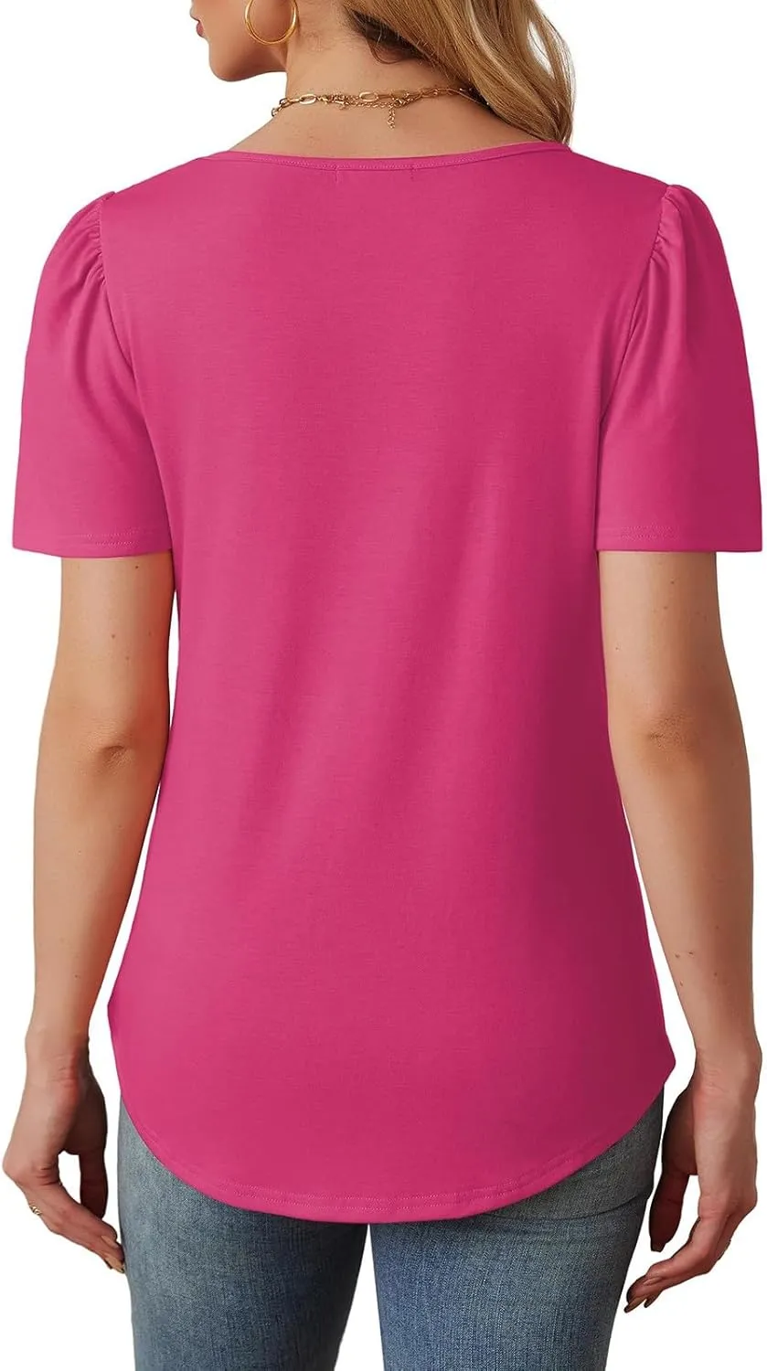 Summer Tops for Women 2025 Trendy Dressy Casual Elegant Front Pleated T Shirts Short Sleeve O Neck Office Blouses