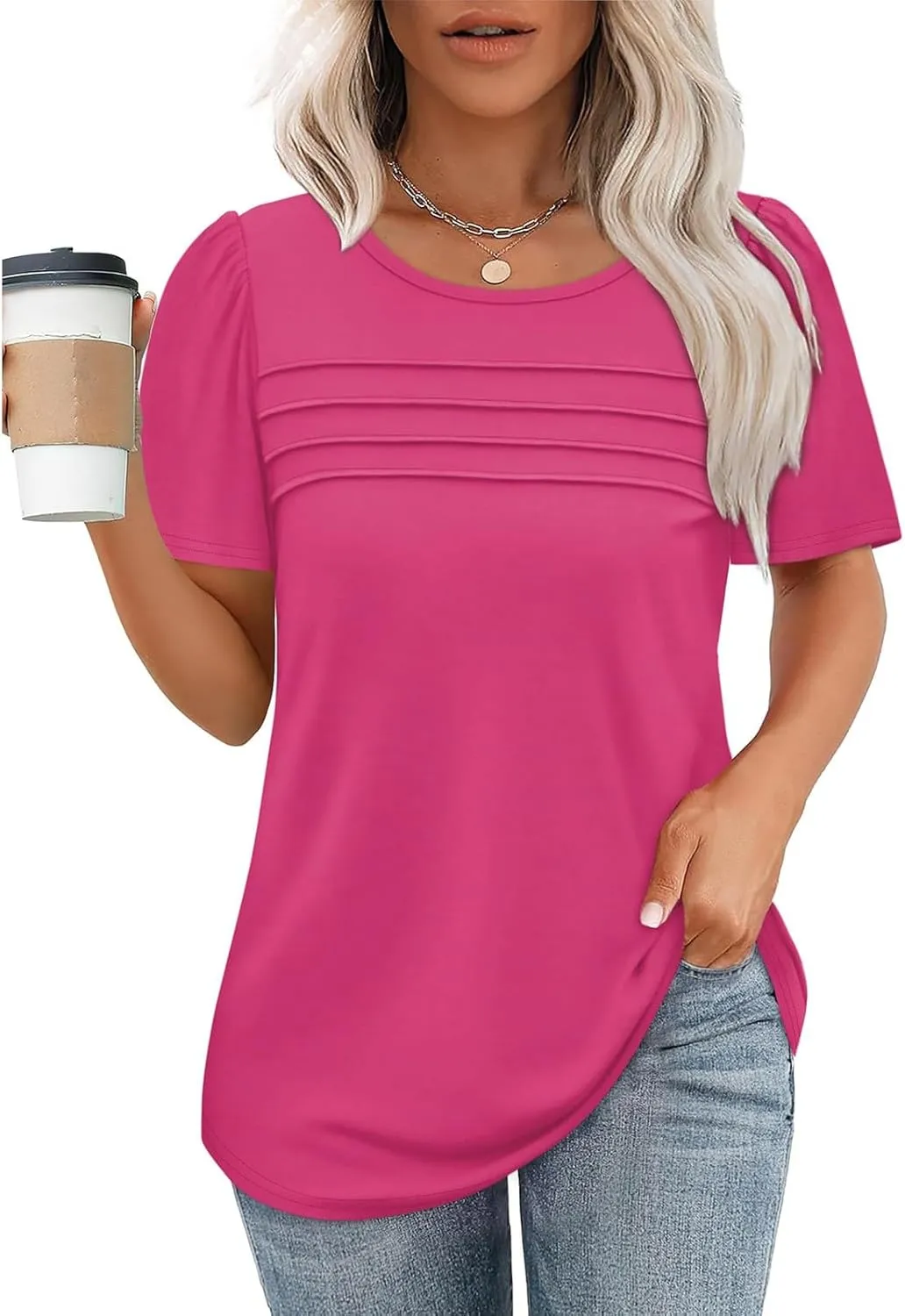Summer Tops for Women 2025 Trendy Dressy Casual Elegant Front Pleated T Shirts Short Sleeve O Neck Office Blouses