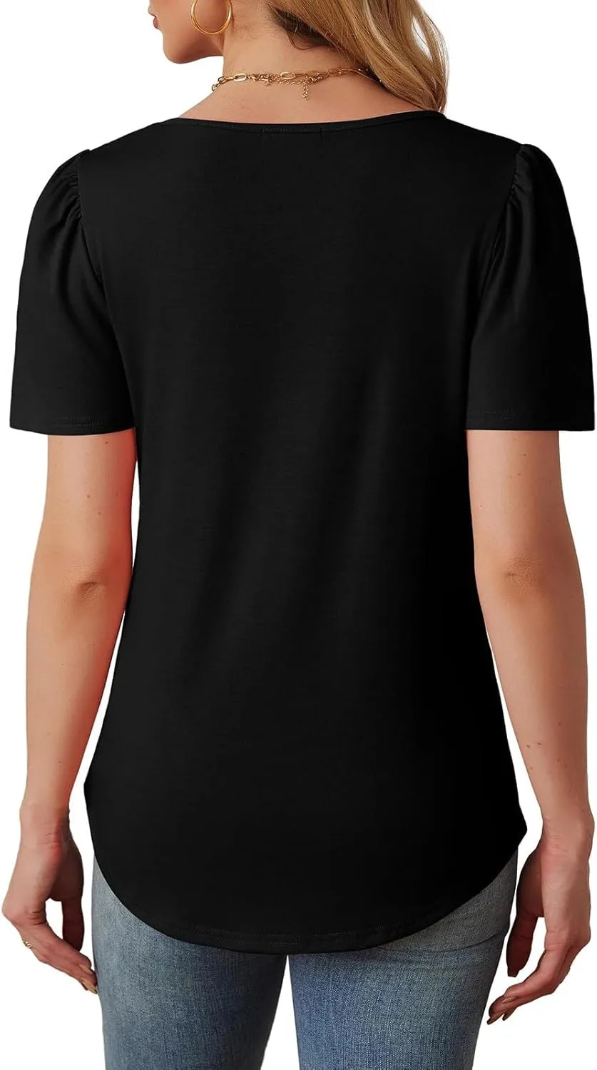 Summer Tops for Women 2025 Trendy Dressy Casual Elegant Front Pleated T Shirts Short Sleeve O Neck Office Blouses