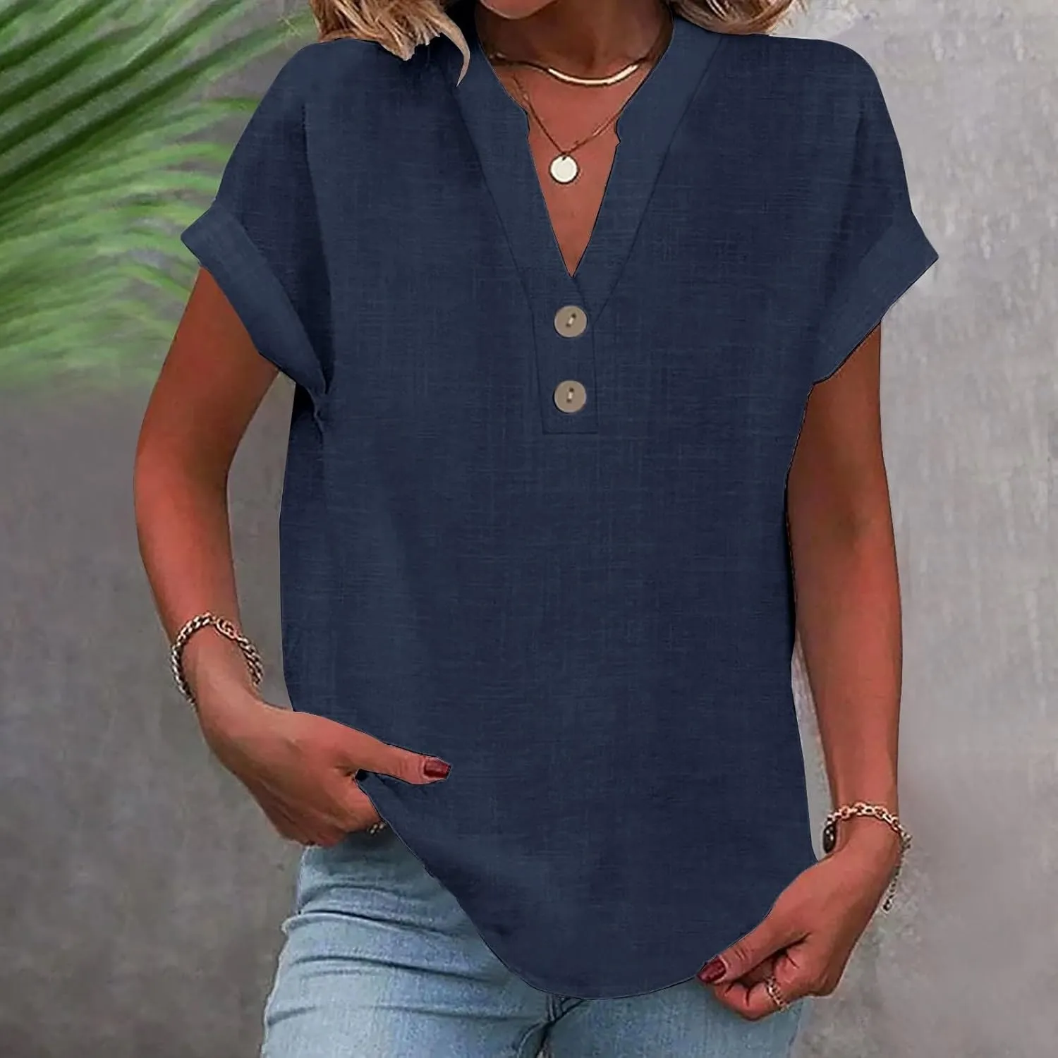 Summer Tops for Women 2025 Trendy Short Sleeve Cotton Linen Shirt Casual Button v Neck Tunic Blouses Outfits