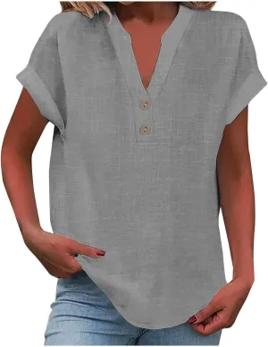 Summer Tops for Women 2025 Trendy Short Sleeve Cotton Linen Shirt Casual Button v Neck Tunic Blouses Outfits
