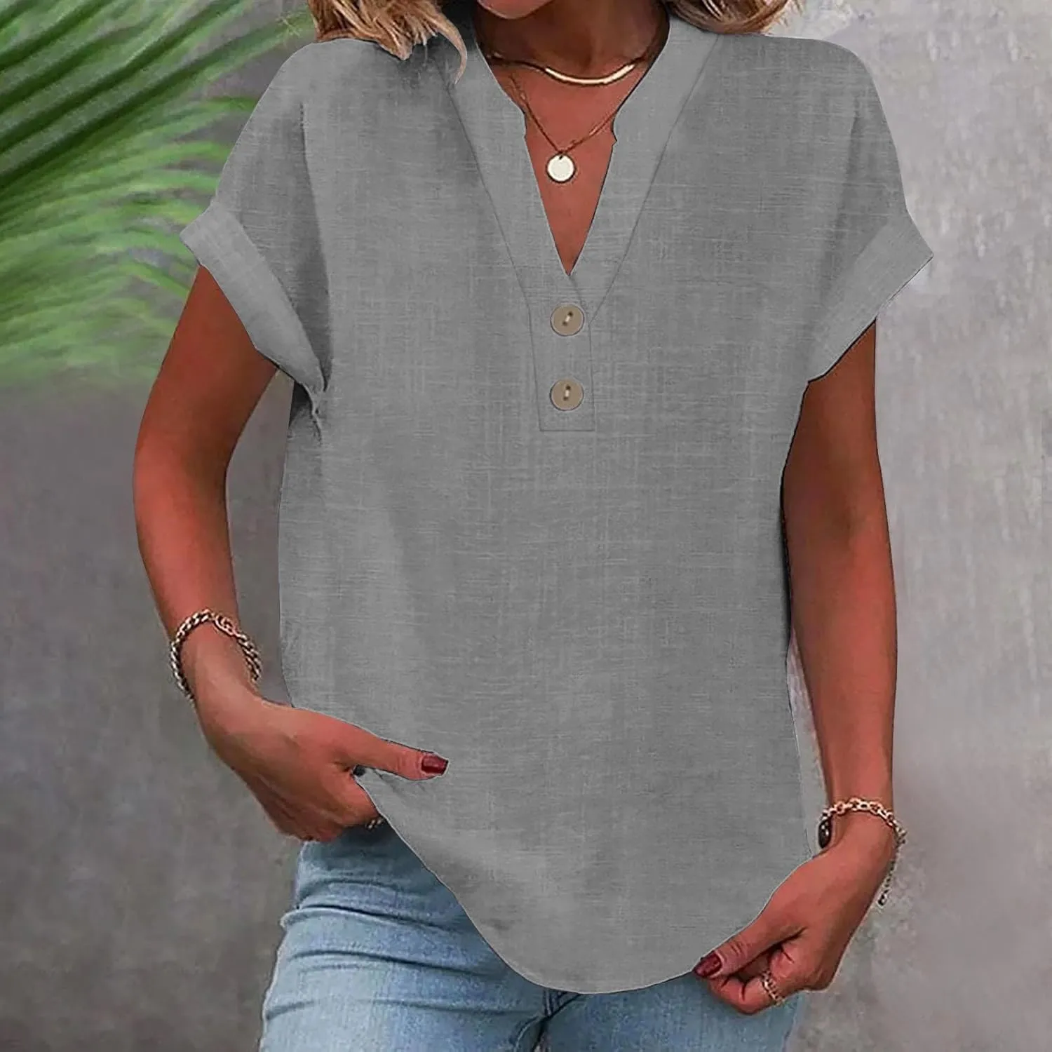 Summer Tops for Women 2025 Trendy Short Sleeve Cotton Linen Shirt Casual Button v Neck Tunic Blouses Outfits