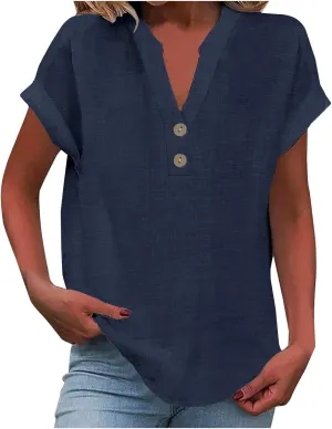 Summer Tops for Women 2025 Trendy Short Sleeve Cotton Linen Shirt Casual Button v Neck Tunic Blouses Outfits