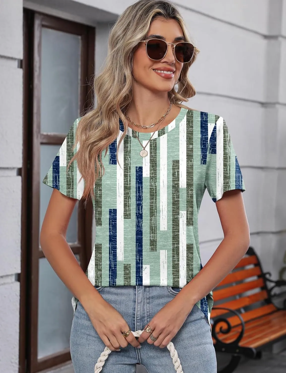 Summer Tops for Women Fashion Color Block Tops Crewneck Shirts Casual Loose Fit Womens Dressy Casual Blouses