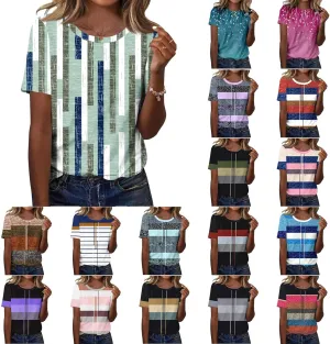 Summer Tops for Women Fashion Color Block Tops Crewneck Shirts Casual Loose Fit Womens Dressy Casual Blouses