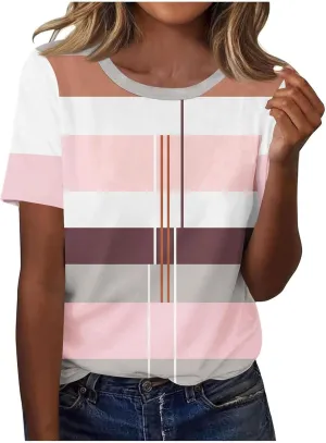 Summer Tops for Women Fashion Color Block Tops Crewneck Shirts Casual Loose Fit Womens Dressy Casual Blouses