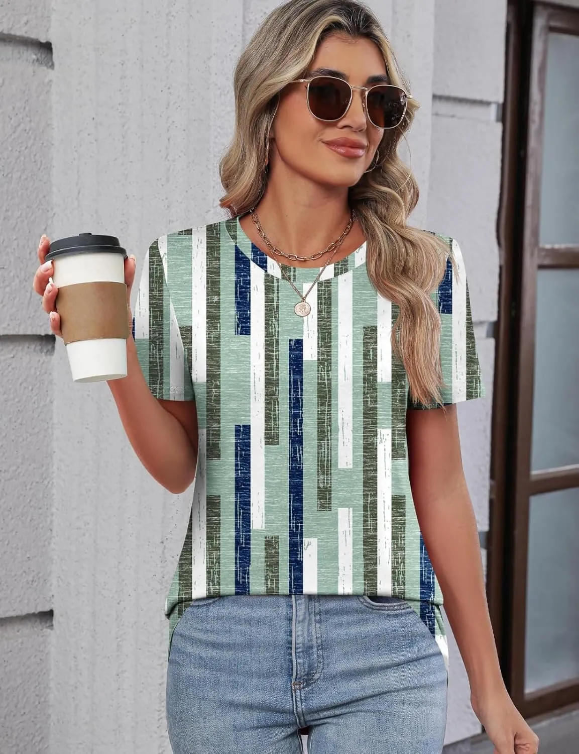 Summer Tops for Women Fashion Color Block Tops Crewneck Shirts Casual Loose Fit Womens Dressy Casual Blouses