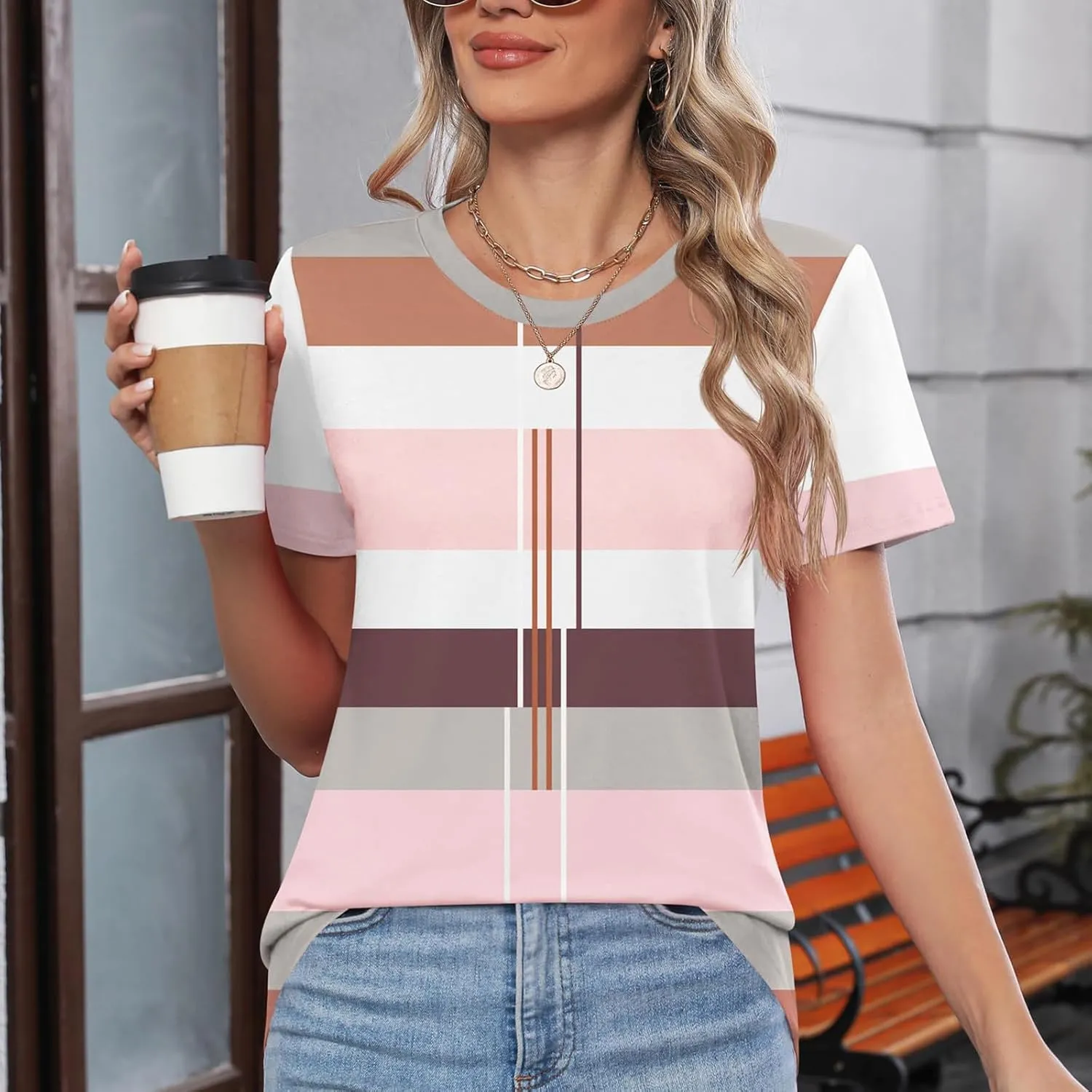 Summer Tops for Women Fashion Color Block Tops Crewneck Shirts Casual Loose Fit Womens Dressy Casual Blouses