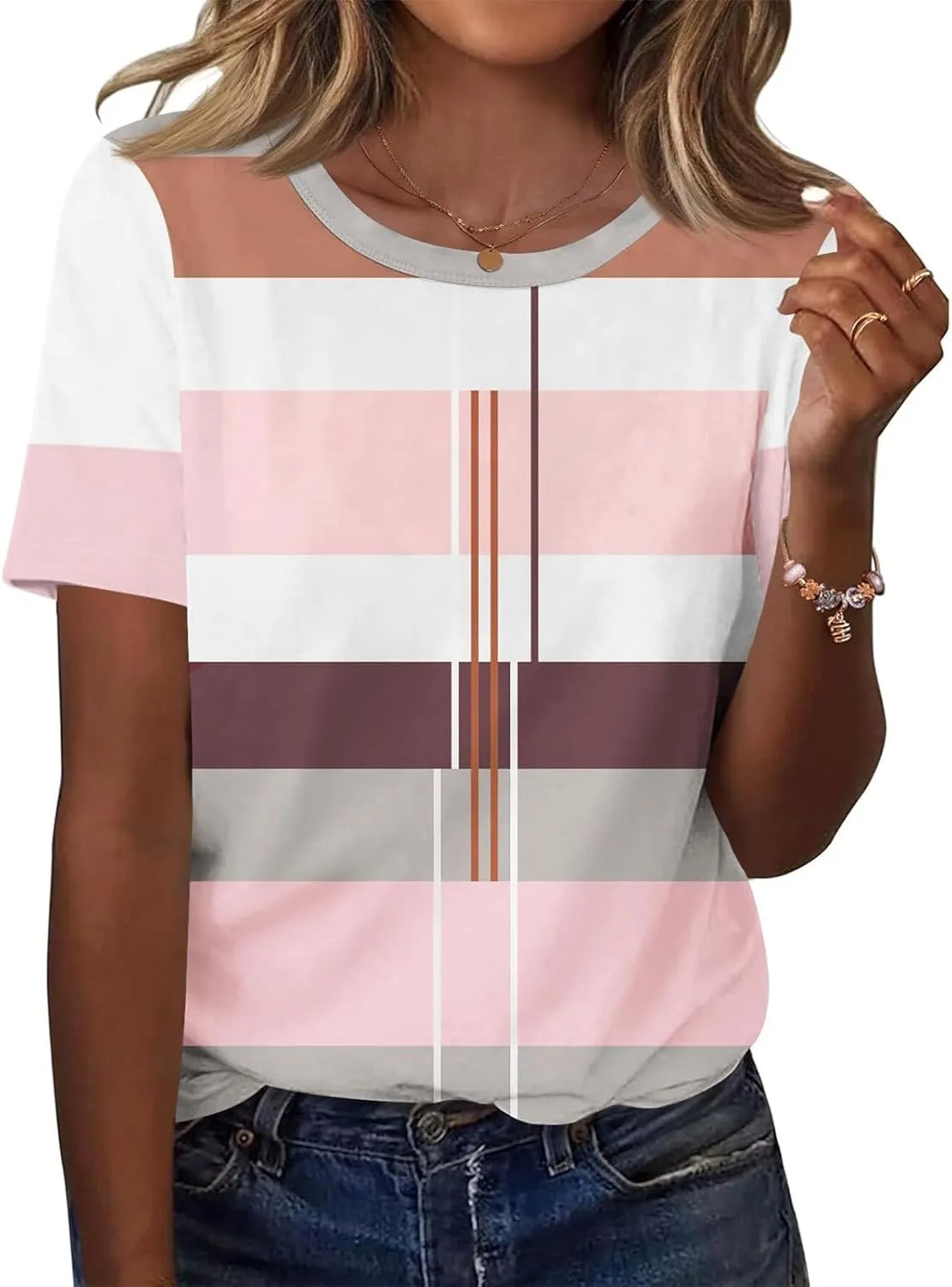 Summer Tops for Women Fashion Color Block Tops Crewneck Shirts Casual Loose Fit Womens Dressy Casual Blouses
