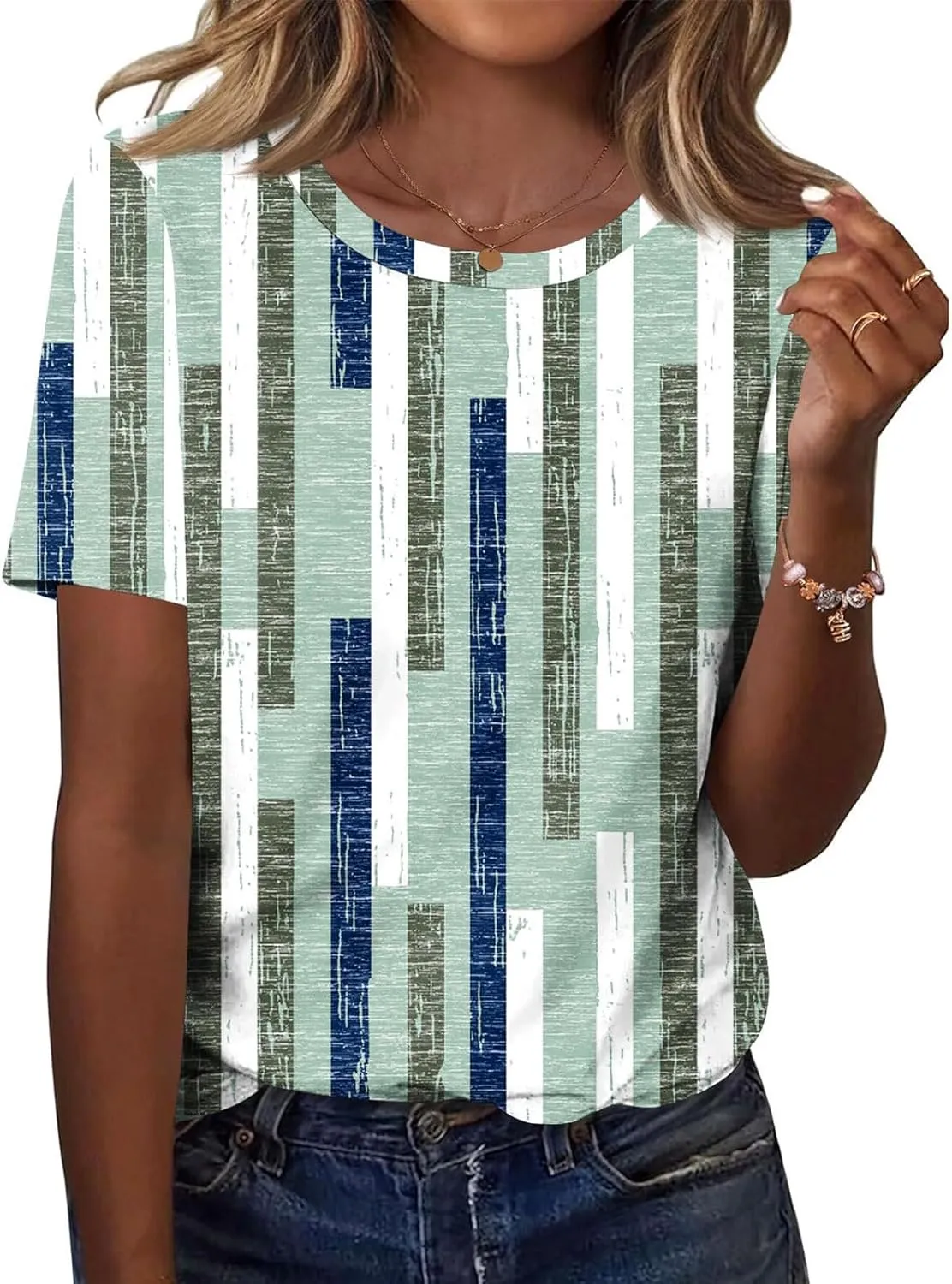 Summer Tops for Women Fashion Color Block Tops Crewneck Shirts Casual Loose Fit Womens Dressy Casual Blouses