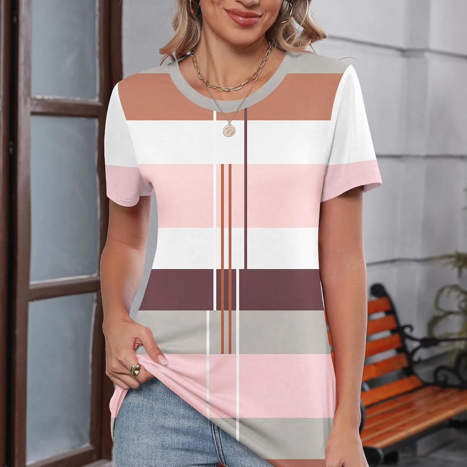 Summer Tops for Women Fashion Color Block Tops Crewneck Shirts Casual Loose Fit Womens Dressy Casual Blouses