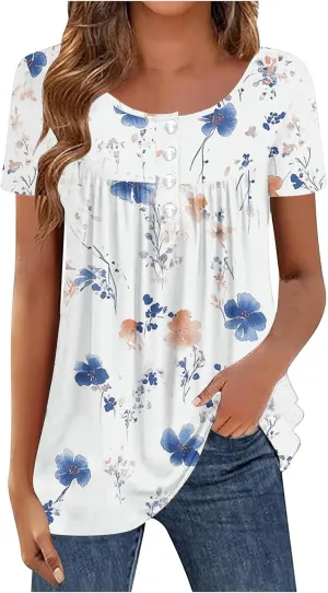 Summer Tunic Tops for Women 2025 Casual Short Sleeve Buttons Tshirts Pleated Henley Shirts Floral Print Ladies Blouse