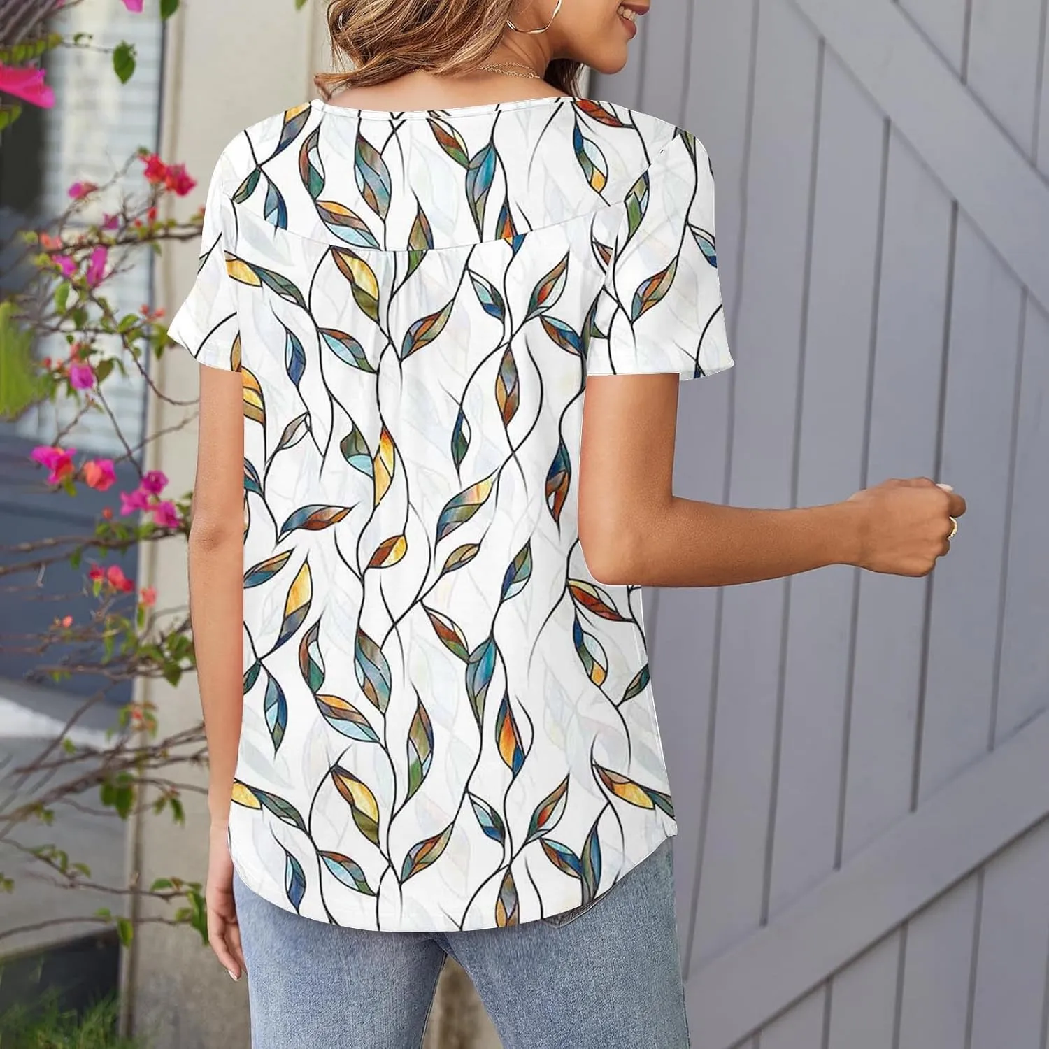 Summer Tunic Tops for Women 2025 Casual Short Sleeve Buttons Tshirts Pleated Henley Shirts Floral Print Ladies Blouse