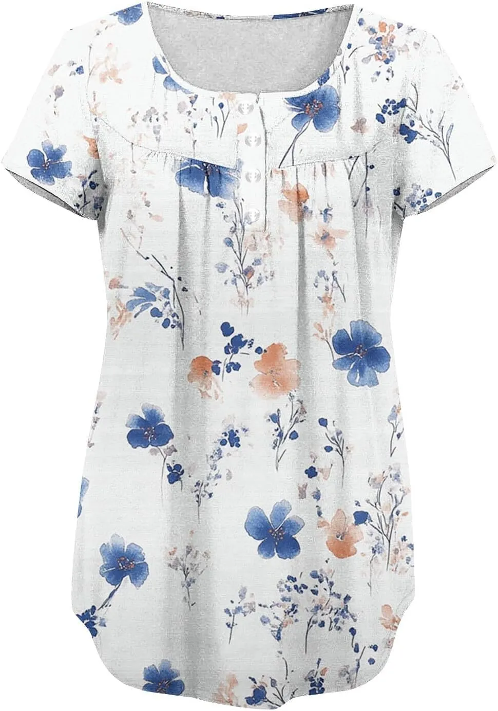 Summer Tunic Tops for Women 2025 Casual Short Sleeve Buttons Tshirts Pleated Henley Shirts Floral Print Ladies Blouse