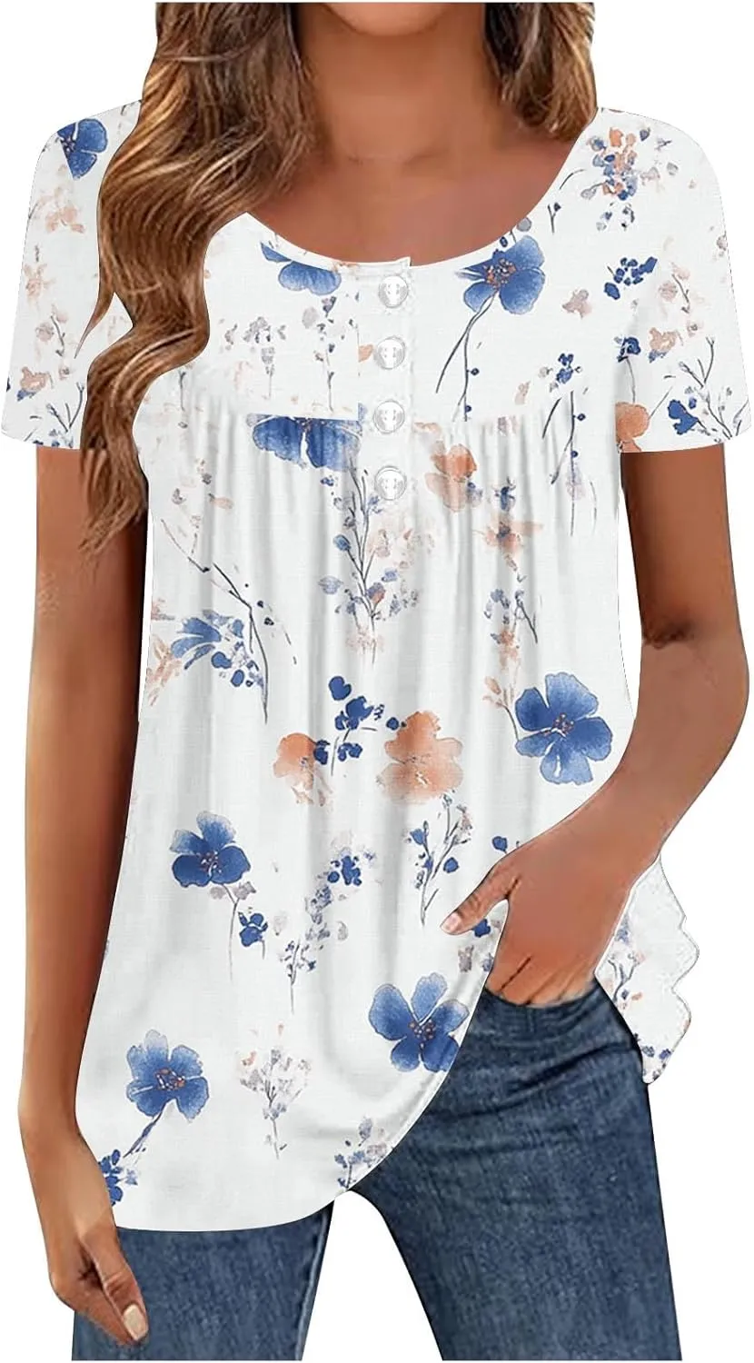 Summer Tunic Tops for Women 2025 Casual Short Sleeve Buttons Tshirts Pleated Henley Shirts Floral Print Ladies Blouse